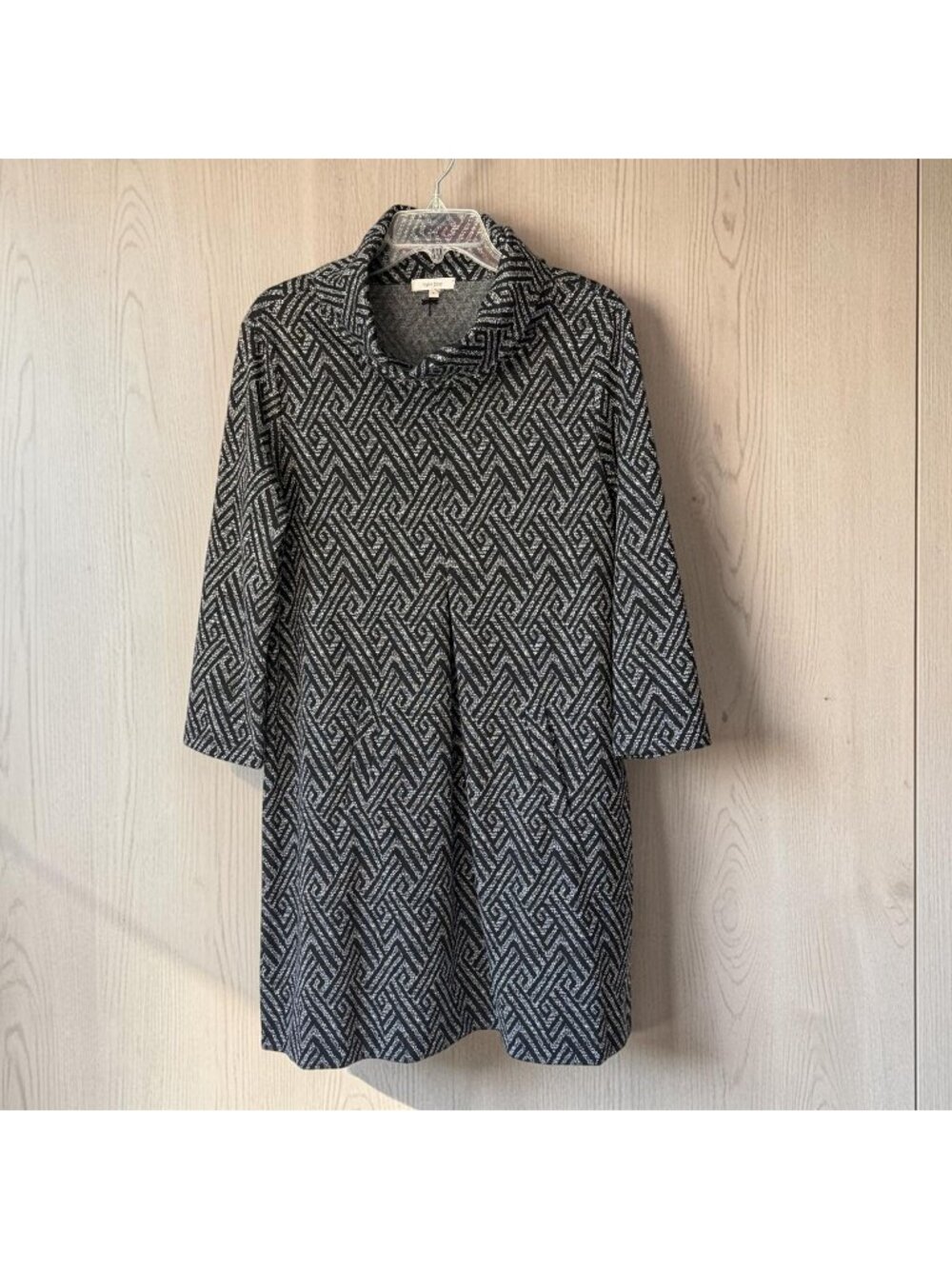 Tyler Boe Geometric Jacquard Swing Dress Pockets Size L Black Gray 3/4 Sleeve